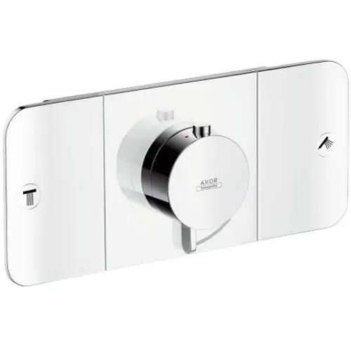 Thermostatmodul von AXOR mit runder, glänzender Oberfläche und zwei separaten Steuerelementen für verschiedene Verbraucher, montiert auf einer weißen Fläche.
